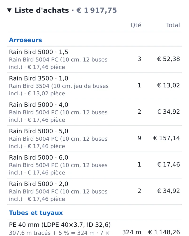 La liste d'achats avec quantités et prix